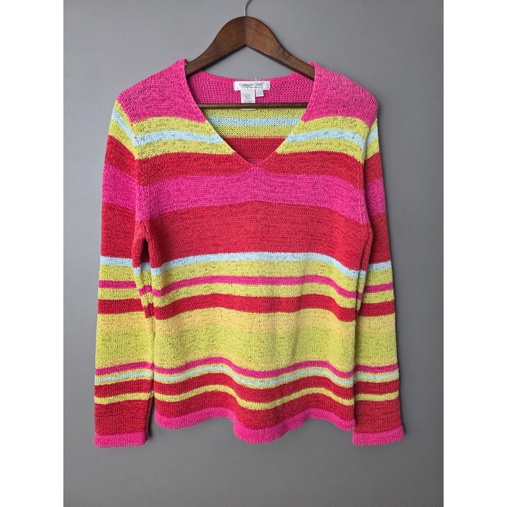Coldwater Creek V-Neck Striped Knit Sweater Pink Green Blue Large